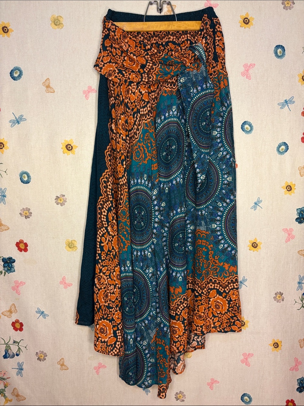 Boho Asymmetrical Wrap Skirt in Teal and Orange Rayon